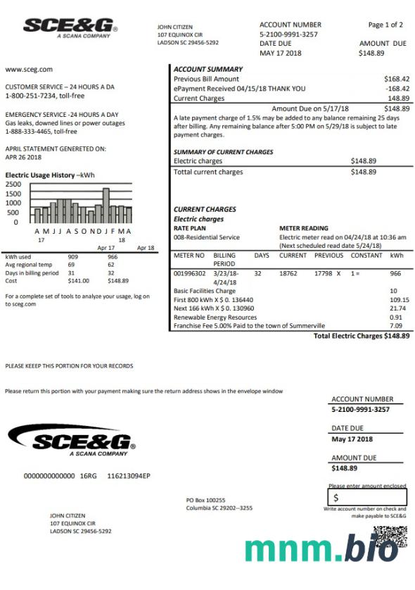 USA South Carolina SCE & g elektryczność rachunek za media szablon w formacie Word i PDF